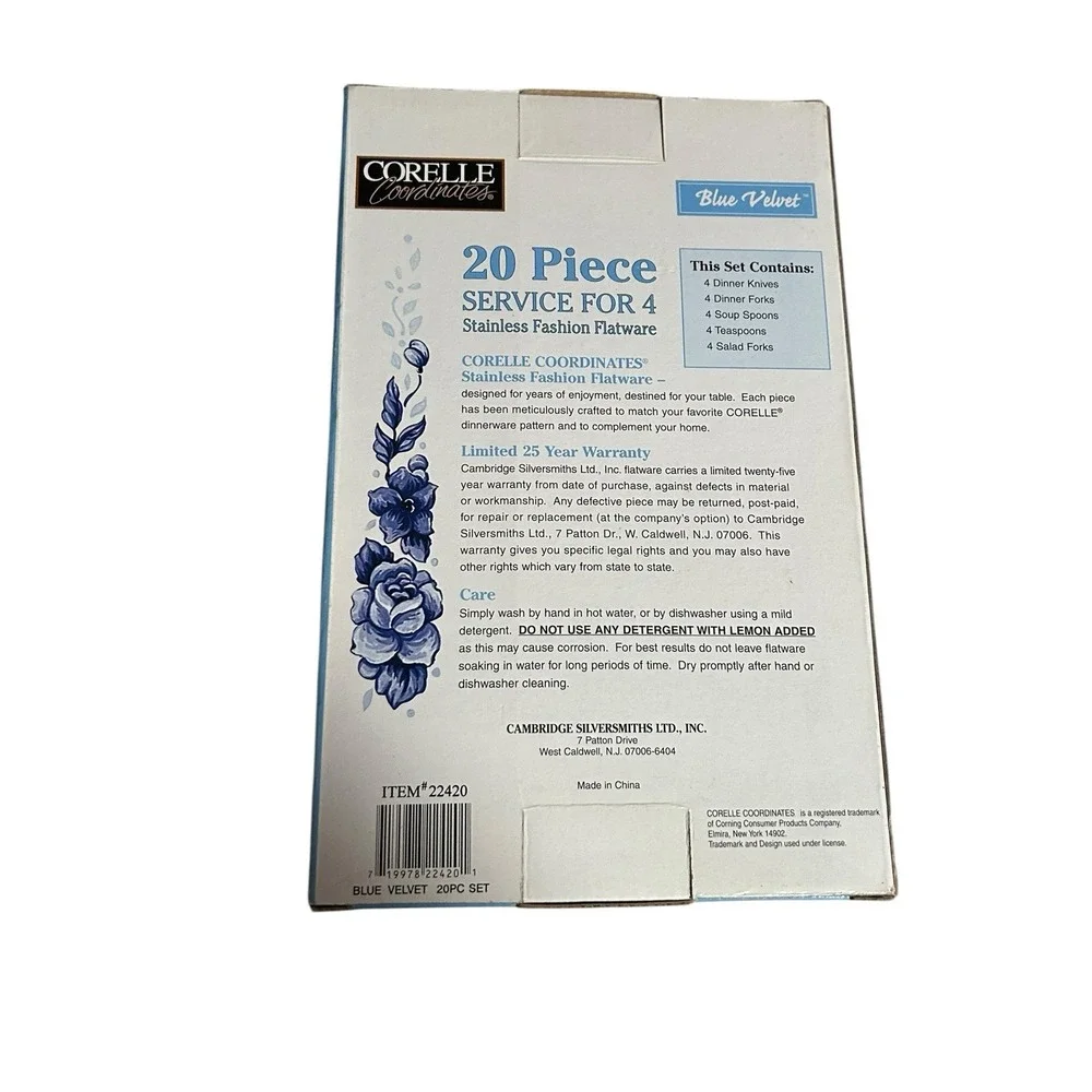 20pc Corelle BLUE VELVET ROSES Cambridge Silversmiths Stainless FLATWARE Set NEW